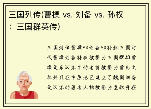 三国列传(曹操 vs. 刘备 vs. 孙权 ：三国群英传)