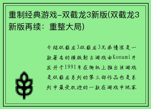 重制经典游戏-双截龙3新版(双截龙3新版再续：重整大局)